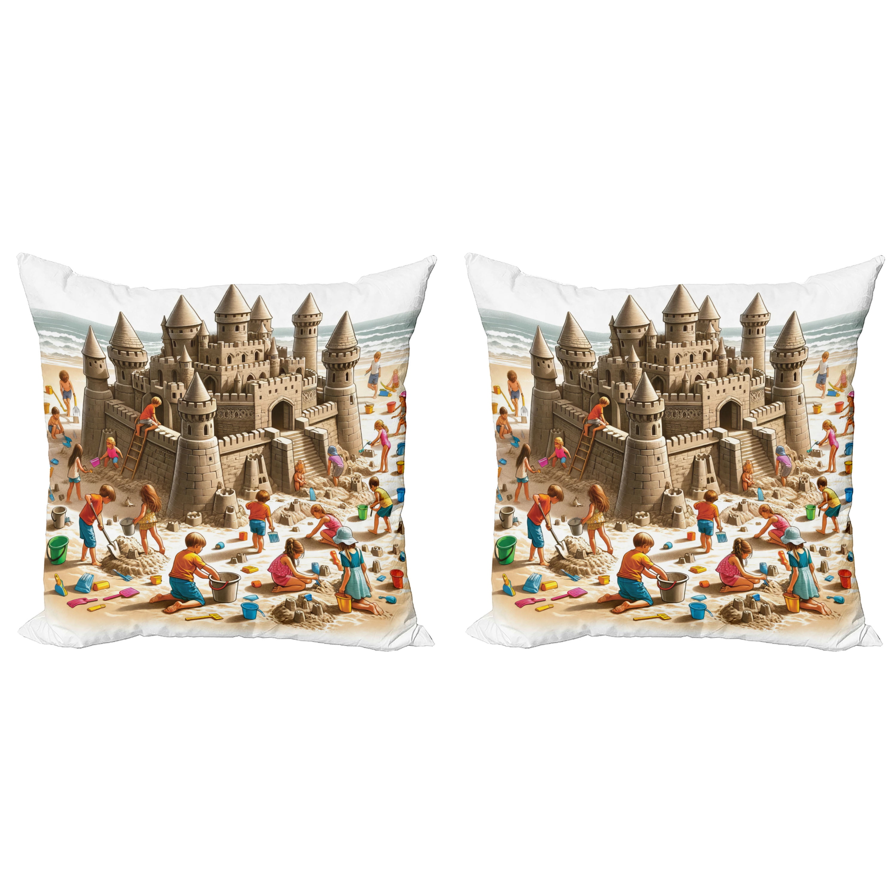 Camel Burnt Orange Sand Castle Square Pillow Covers Set