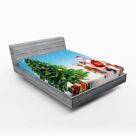 Ambesonne Santa Fitted Sheet, Jingle Bells Tree, California King, Multicolor