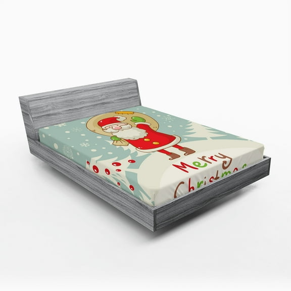 Ambesonne Santa Fitted Sheet, Merry Xmas Snowy Forest, Queen Size, Multicolor