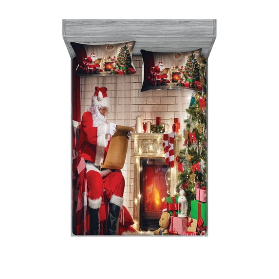 Ambesonne Santa Fitted Sheet & Pillow Sham Set, Santa Reading Letter Home, Calking, Multicolor