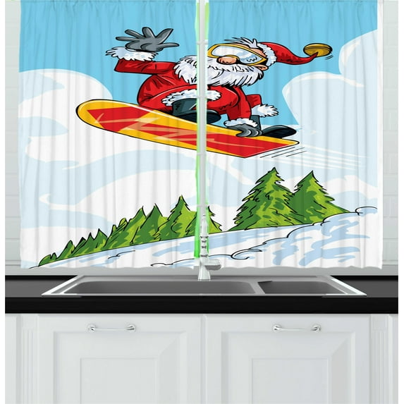 Ambesonne Santa Kitchen Curtains, Jump on Snowboard Pines, 55"x39", Multicolor
