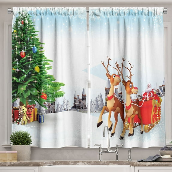 Ambesonne Santa Kitchen Curtains, Snowy Village Sleigh Tree, 55"x39", Multicolor