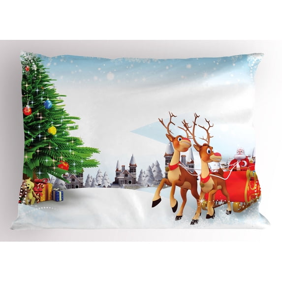 Ambesonne Santa Pillow Sham, Snowy Village Sleigh Tree, 36" X 20", Multicolor