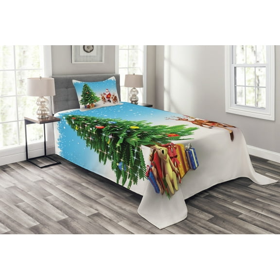 Ambesonne Santa Quilted Bedspread Set 2 Pcs, Jingle Bells Tree, Twin Size, Multicolor