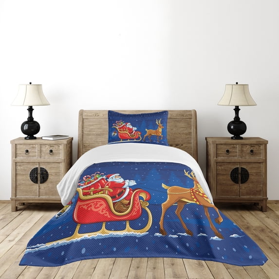 Ambesonne Santa Quilted Bedspread Set 2 Pcs, Moving on Sledge at Night, Twin Size, Navy Blue Multicolor