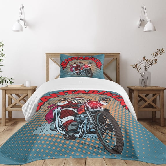 Ambesonne Santa Quilted Bedspread Set 2 Pcs, Pop Art Retro Biker Santa, Twin Size, Multicolor