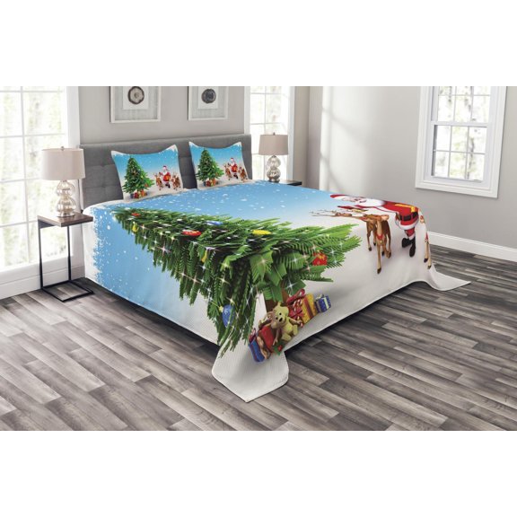 Ambesonne Santa Quilted Bedspread Set 3 Pcs, Jingle Bells Tree, Queen Size, Multicolor