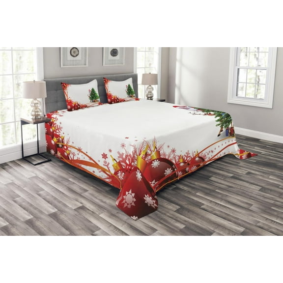 Ambesonne Santa Quilted Bedspread Set 3 Pcs, Red Balls Tree, King Size, Multicolor