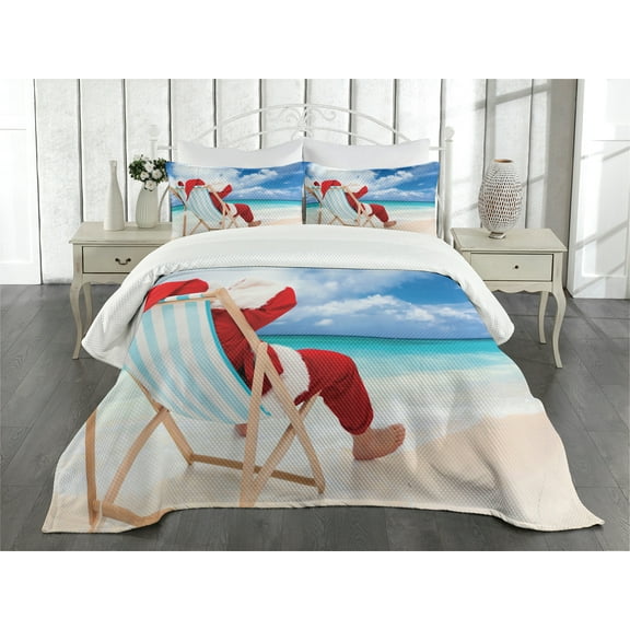 Ambesonne Santa Quilted Bedspread Set 3 Pcs, Relaxing at Exotic Beach, King Size, Blue Sand Brown Red