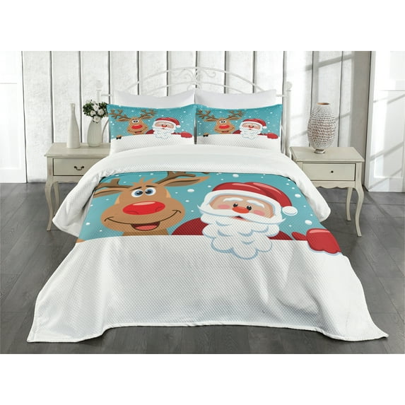 Ambesonne Santa Quilted Bedspread Set 3 Pcs, Rudolph Deer Greeting, Queen Size, Multicolor