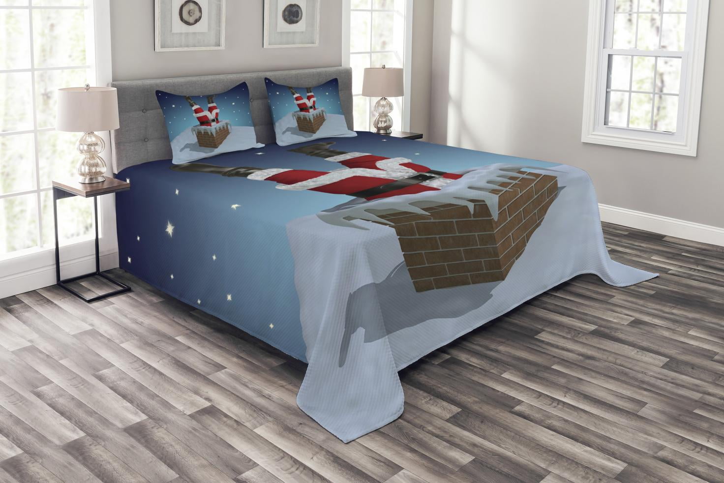 Santa Stuck in Chimney Quilted Queen Bedspread Set