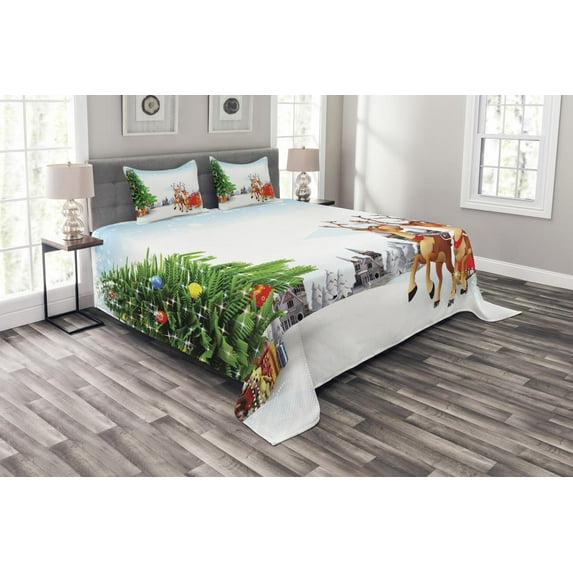 Ambesonne Santa Quilted Bedspread Set 3 Pcs, Snowy Village Sleigh Tree, Queen Size, Multicolor