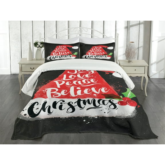 Ambesonne Santa Quilted Bedspread Set 3 Pcs, Xmas Hat with Lettering, King Size, Black Red White