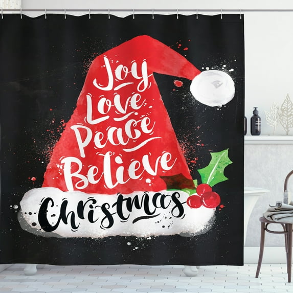 Ambesonne Santa Shower Curtain, Xmas Hat with Lettering, 69"Wx84"L, Black Red White
