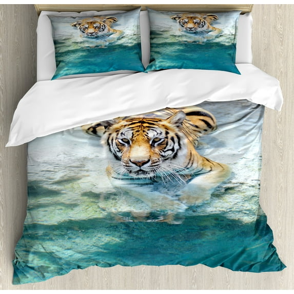 Ambesonne Savannah Duvet Cover Set, Bengal Tiger in the Wild, 2-Calking, Mustard Cream Teal
