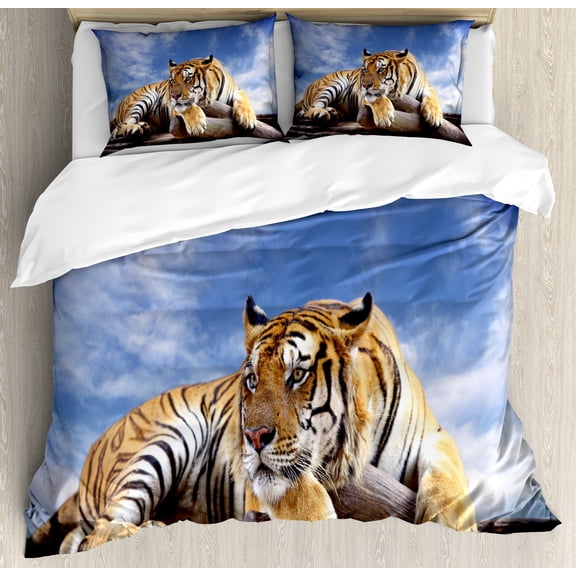 Ambesonne Savannah Duvet Cover Set, Tiger on Wood Wildlife, Queen, Mustard Black and Blue