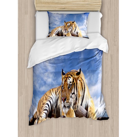 Ambesonne Savannah Duvet Cover Set, Tiger on Wood Wildlife, Twin, Mustard Black and Blue