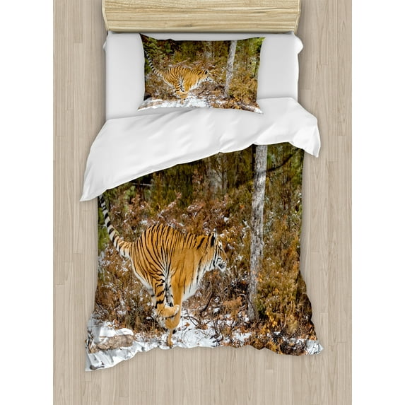 Ambesonne Savannah Duvet Cover Sets, Bengal Tiger Wild Animal, 2-Twin, Orange Green