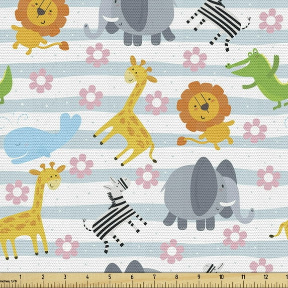 Ambesonne Savannah Fabric by the Yard Upholstery, Friendly Zoo Characters, 2 Yards, Multicolor