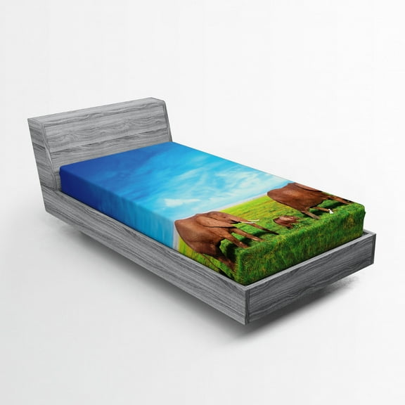 Ambesonne Savannah Fitted Sheet, Animal Family African View, Twin XL Size, Green Brown and Blue