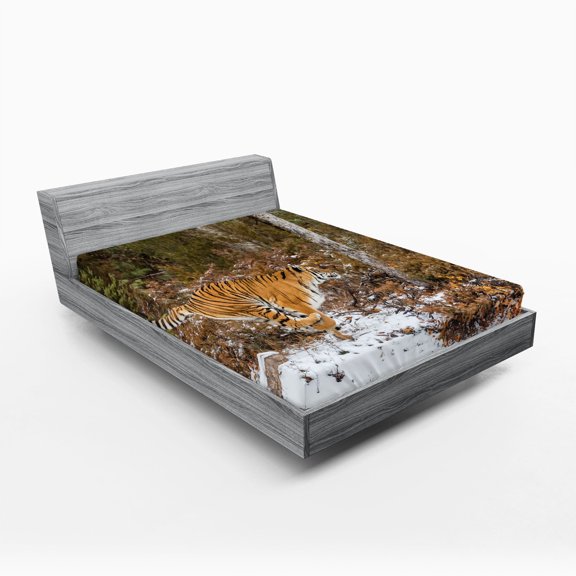 Ambesonne Savannah Fitted Sheet, Bengal Tiger Wild Animal, Full Size, Orange Green