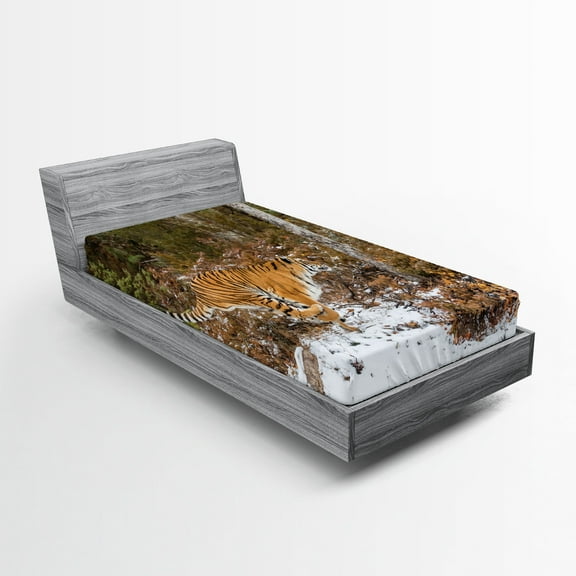 Ambesonne Savannah Fitted Sheet, Bengal Tiger Wild Animal, Twin Size, Orange Green