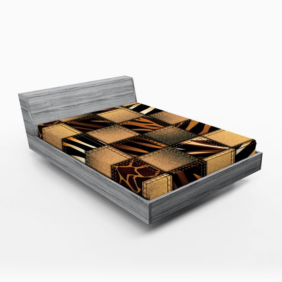 Ambesonne Savannah Fitted Sheet, Earthy Wildlife Patchwork, Full Size, Black and Brown