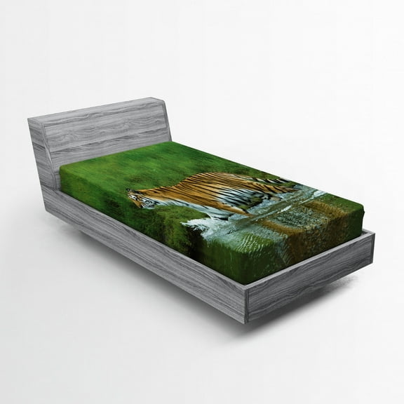 Ambesonne Savannah Fitted Sheet, Siberian Tiger Panther, Twin Size, Apricot and Green