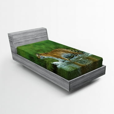 Ambesonne Savannah Fitted Sheet, Siberian Tiger Panther, Twin XL Size, Apricot and Green