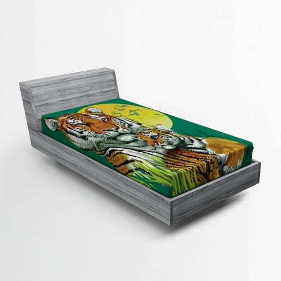 Ambesonne Savannah Fitted Sheet, Tiger Family in Jungle, Twin Size, Jade Green and Pale Green