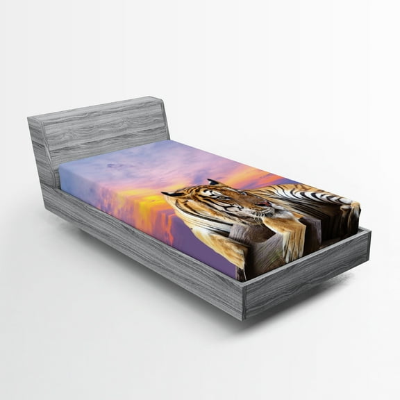 Ambesonne Savannah Fitted Sheet, Tiger and Colorful Sunset, Twin XL Size, Lavender and Mustard