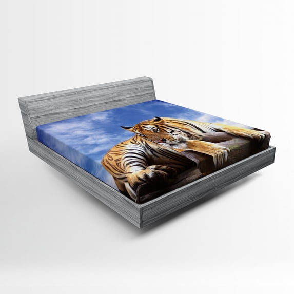 Ambesonne Savannah Fitted Sheet, Tiger on Wood Wildlife, Queen Size, Mustard Black and Blue