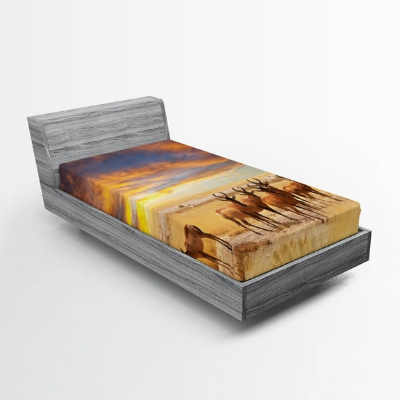 Ambesonne Savannah Fitted Sheet, Tropical Antelope Animal, Twin XL Size, Yellow Brown and Red