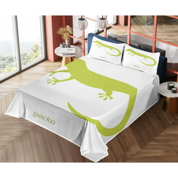 Ambesonne Savannah Fitted & Top Sheet Set with Shams, Australian Lizard Gecko, Pistachio Green and White