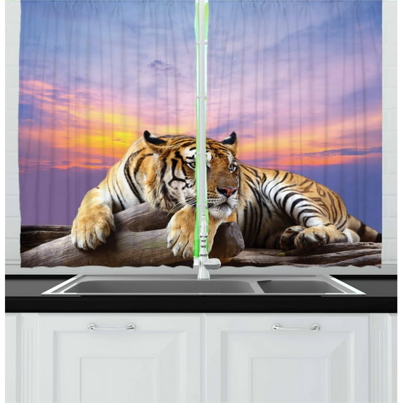 Ambesonne Savannah Kitchen Curtains, Tiger and Colorful Sunset, 55"x45", Lavender and Mustard