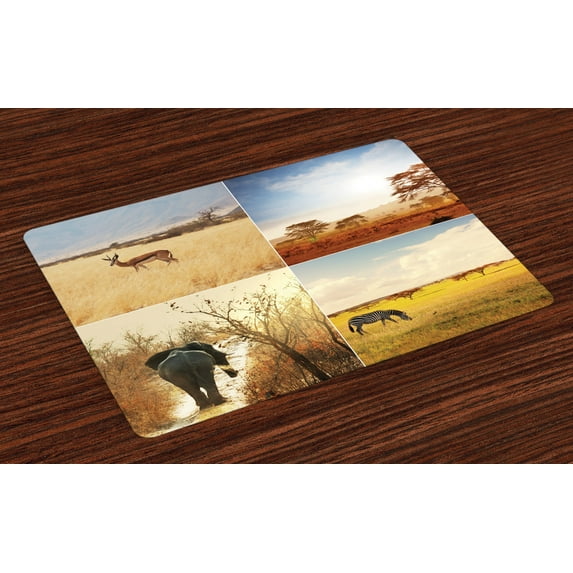 Ambesonne Savannah Place Mats Set of 4, Wild Animals Collage Image, Standard Size, Multicolor