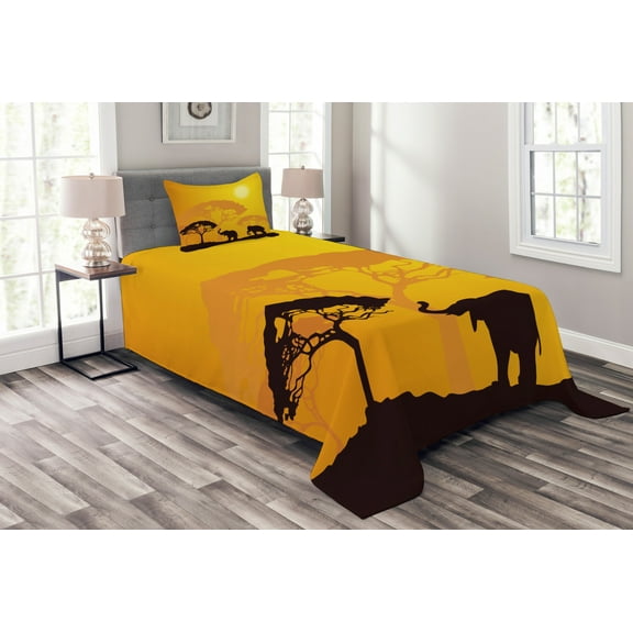Ambesonne Savannah Quilted Bedspread Set 2 Pcs, Tree Shadowy Tree Motif, Twin Size, Earth Yellow Dark Brown