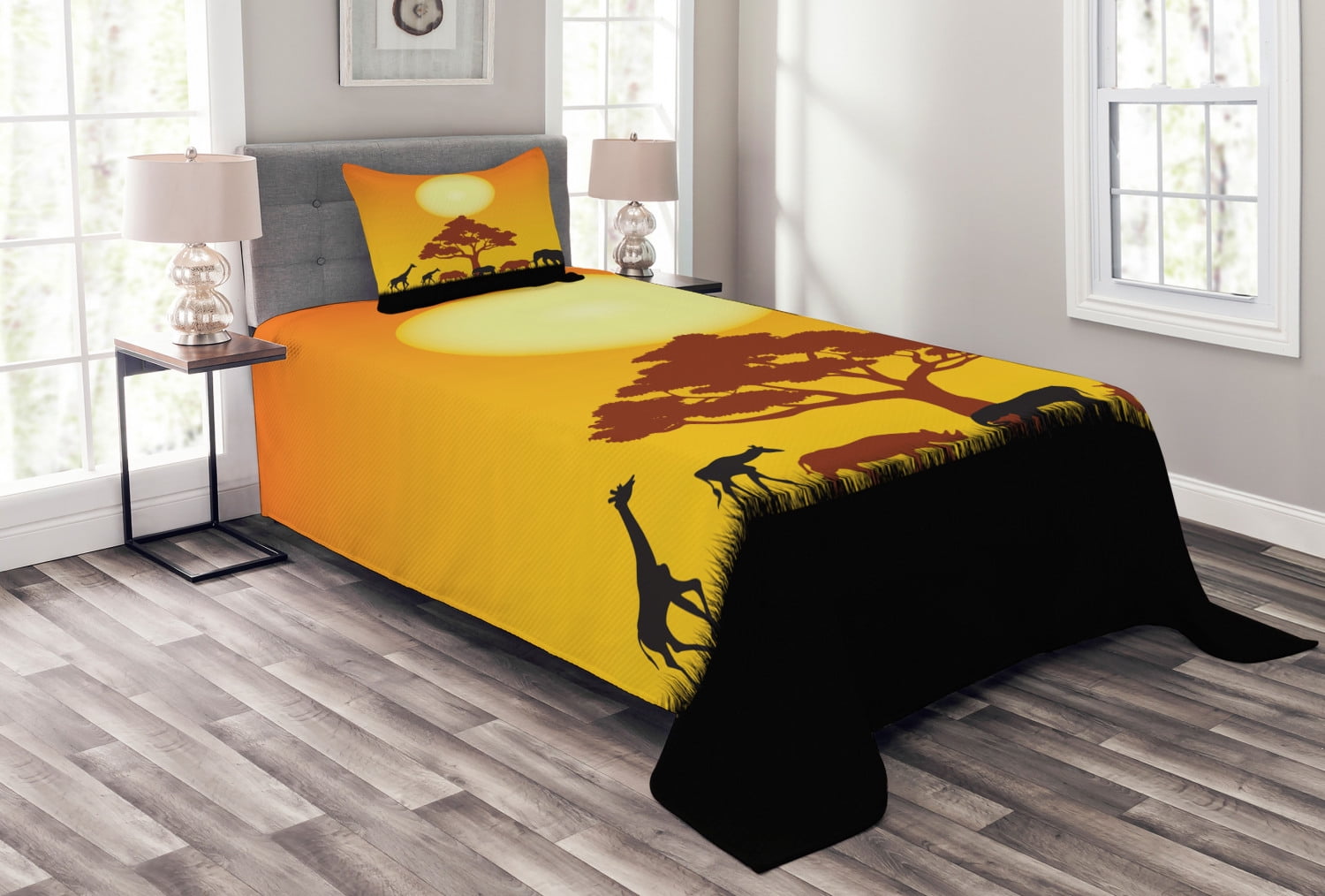 Savannah Wildlife Animals Twin Bedspread Set in Black and Orange
