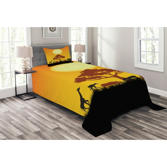 Ambesonne Savannah Quilted Bedspread Set 2 Pcs, Wildlife Animals Elephants, Twin Size, Chocolate Orange and Black