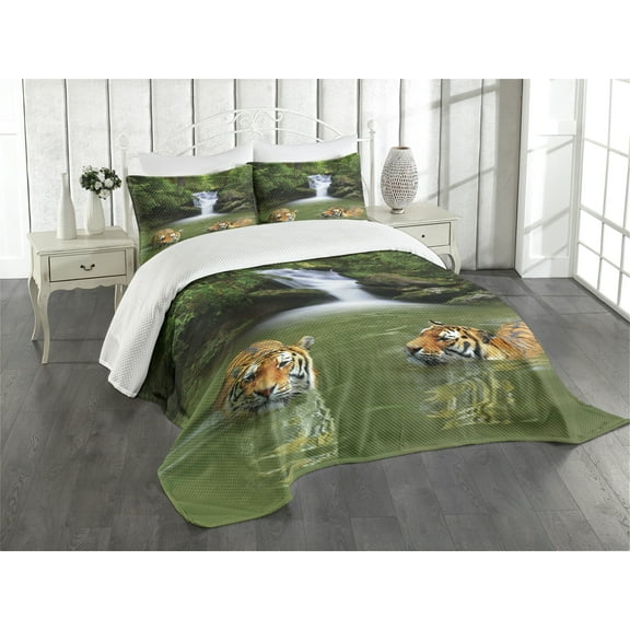Ambesonne Savannah Quilted Bedspread Set 3 Pcs, Siberian Tigers in Lake, King Size, Reseda Green and Orange