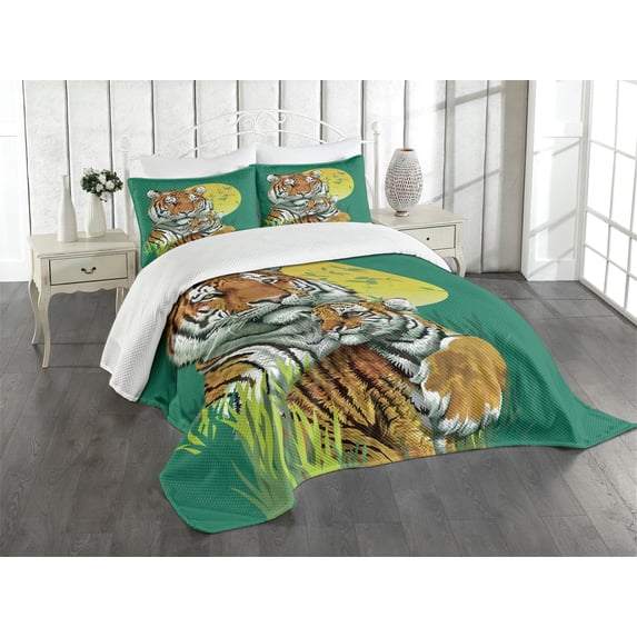 Ambesonne Savannah Quilted Bedspread Set 3 Pcs, Tiger Family in Jungle, Queen Size, Jade Green and Pale Green