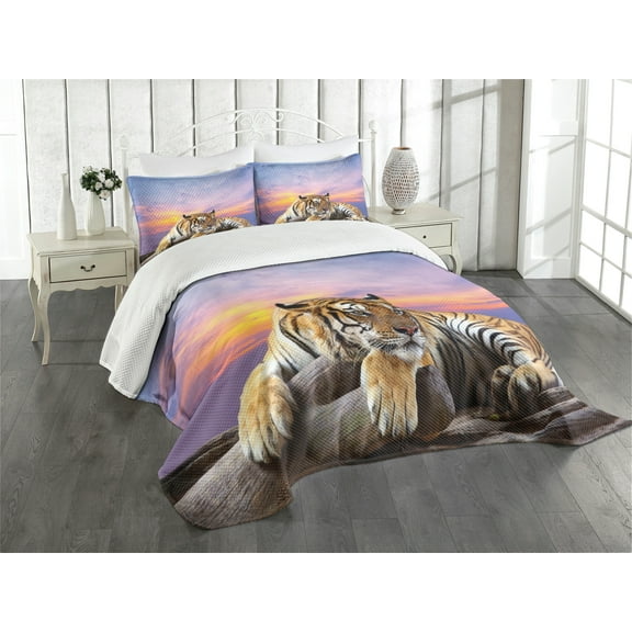 Ambesonne Savannah Quilted Bedspread Set 3 Pcs, Tiger and Colorful Sunset, Queen Size, Lavender and Mustard