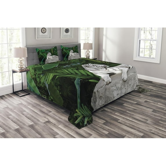 Ambesonne Savannah Quilted Bedspread Set 3 Pcs, White Tiger in the Jungle, Queen Size, Pale Grey Beige Green