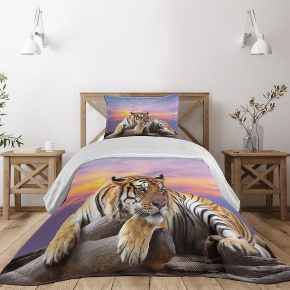 Ambesonne Savannah Quilted Coverlet 2 Pcs, Tiger and Colorful Sunset, Twin Size, Lavender and Mustard