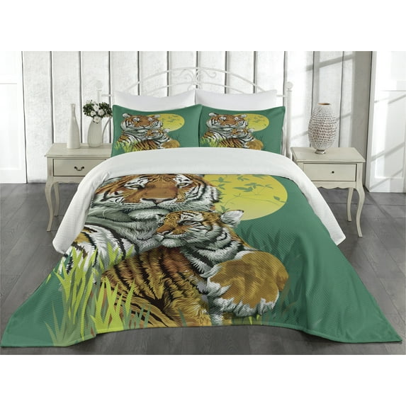 Ambesonne Savannah Quilted Coverlet 3 Pcs, Tiger Family in Jungle, King Size, Jade Green and Pale Green