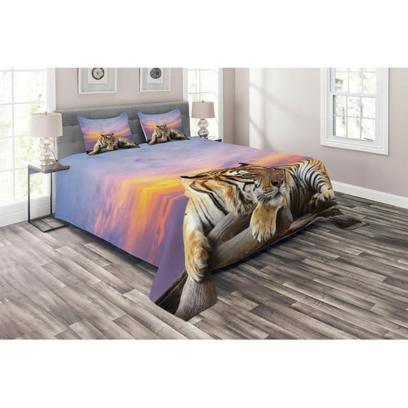 Ambesonne Savannah Quilted Coverlet 3 Pcs, Tiger and Colorful Sunset, King Size, Lavender and Mustard