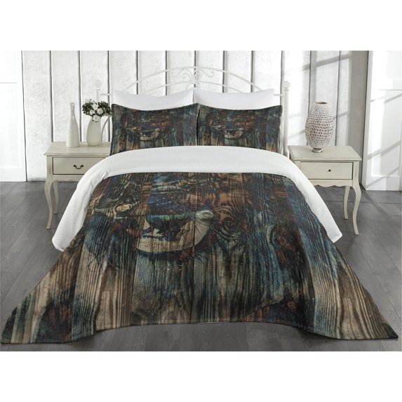 Ambesonne Savannah Quilted Coverlet 3 Pcs, Wild African Animals Art, Queen Size, Brown and Teal