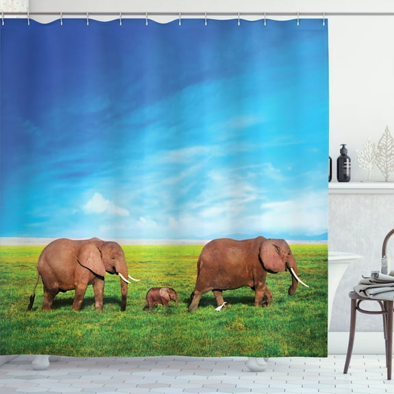 Ambesonne Savannah Shower Curtain, Animal Family African View, 69"Wx84"L, Green Brown and Blue