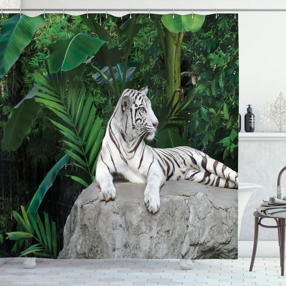 Ambesonne Savannah Shower Curtain, White Tiger in the Jungle, 69"Wx84"L, Pale Grey Beige Green