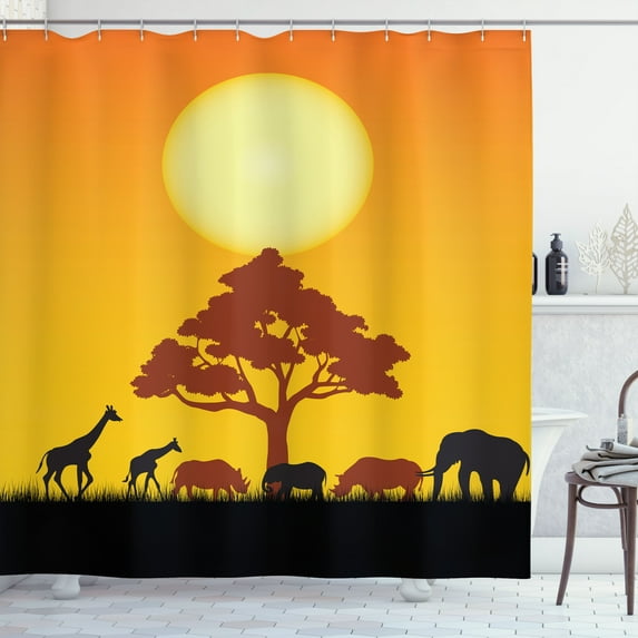 Ambesonne Savannah Shower Curtain, Wildlife Animals Elephants, 69"Wx75"L, Chocolate Orange and Black